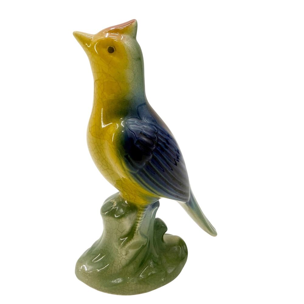 vintage yellow Crested Bird ceramic art pottery figurine blue red green decor